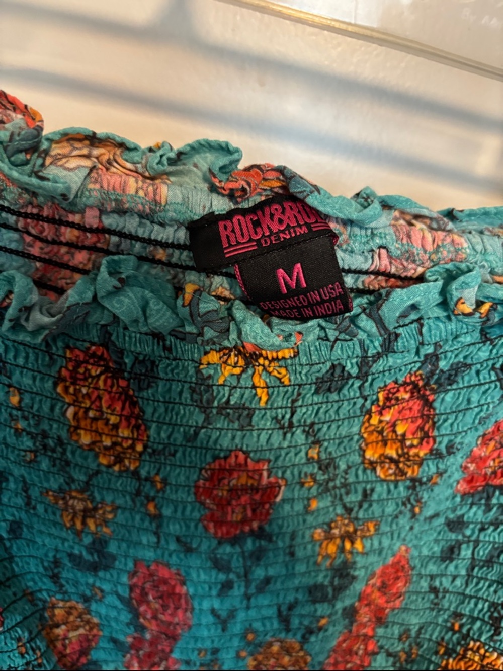 Rock & Republic Denim Teal Floral Smocked Crop Top